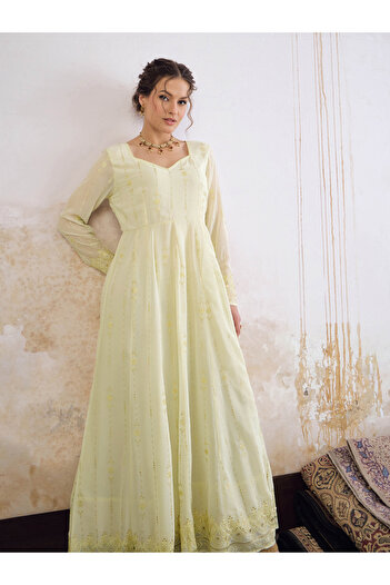 Sassafras By Styli Pastel Yellow Sweetheart Neck Sequence Anarkali Kurta