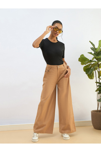 Sassafras By Styli Women Beige Twill Wide Leg Pants