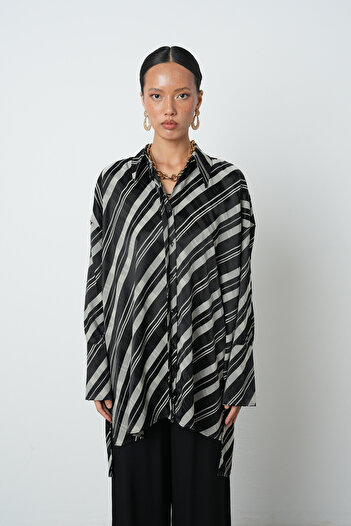 Orfeo Negro Women's Black Color Horizontal Stripe Patterned Oversize Long Hijab Shirt