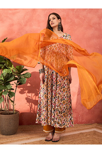 Sassafras By Styli White Printed Cambric Anarkali Kurta with Pencil Pants and Dupatta Set