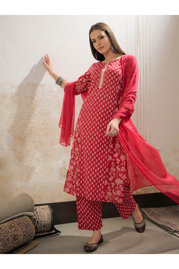 Sassafras By Styli Pink Floral Cambric Kurta with Pencil Pants and Dupatta Set
