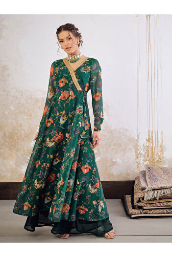 Sassafras By Styli Green Floral Print Wrap Anarkali Kurta