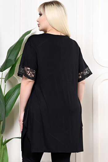 Kheos V-Block Asymmetrical Round Neck Flowy Flowy Casual Fit Short Sleeve Blouse with Lace Skirt Slit