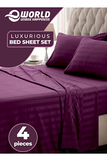 Eworld 4 Pcs King Size Dark Purple Striped Bedding Set, Microfiber Duvet Cover, Fitted Sheet & 2 Pillowcase