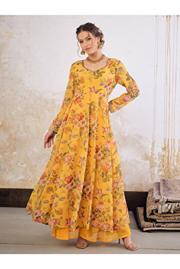 Sassafras By Styli Yellow Floral Print Sweetheart Neck Anarkali Kurta