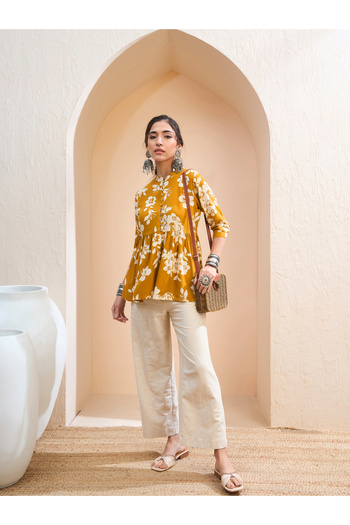 Sassafras By Styli Mustard Floral Front Button Gathered Kurti
