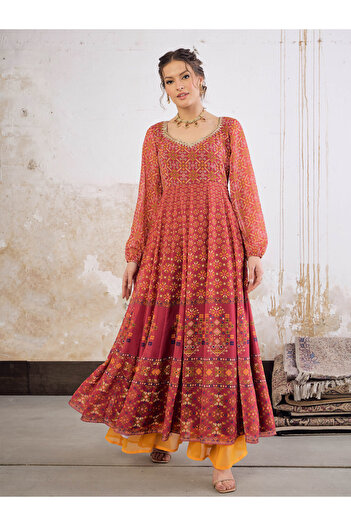 Sassafras By Styli Maroon Floral Print Sweetheart Neck Anarkali Kurta