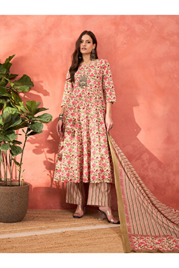 Sassafras By Styli Off White and Pink Floral Anarkali Kurta with Pencil Pants and Dupatta Set