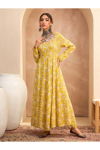 Sassafras By Styli Yellow Floral Anarkali Kurta and Pants Set