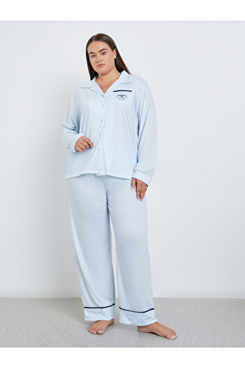 Styli Plus Bow Print Pocket Striped Shirt and Pyjama Set