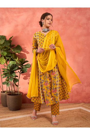 Sassafras By Styli Yellow Floral Anarkali Kurta with Pencil Pants and Dupatta Set