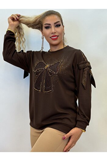Yeşilmoda Evening Dress Blouse Women's Brown Stone Lace and Tassel Bow Tie Detailed Long Sleeve Special Occasion Stylish Blouse