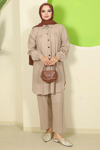 hafsamina Double Suit with Shirred Shirt Mink Hm2689