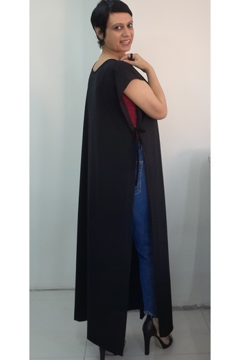 Mertcan Butik Black Multi-Purpose Concealer Boat Neck Lace-Up Combed Viscose Vest with Slits on Both Sides