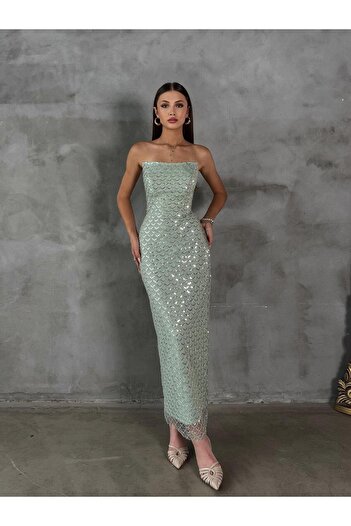 zoezoe Silviya Straplez Pul Payet İşlemeli Elbise Midi Abiye Beyaz