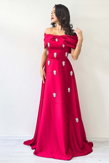zks grup tekstil Bow Collar Stone Detailed Satin Evening Dress Powder, Red, White
