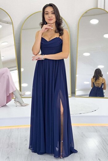 zks grup tekstil Backless Corset Detail Slit Chiffon Evening Dress Black, Saks Blue, Red, Navy Blue