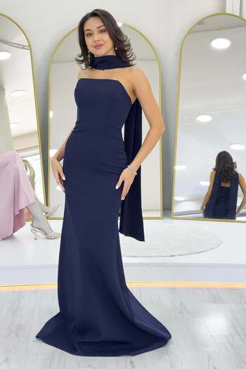zks grup tekstil Shawl Collar Detail Strapless Mermaid Evening Dress Powder, Baby Blue, Black, Red, Navy Blue, White