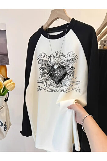 Touz Moda Streetwear Design Raglan Long Sleeve Printed White T-Shirt