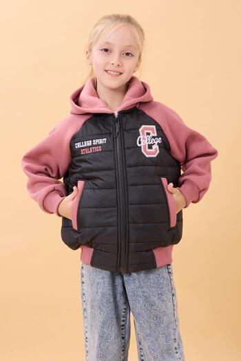 Perendi Girl's Plush Lined Hooded Quilted College Jacket – Black
