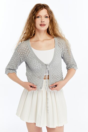 MA ananas Women's Openwork Rope Tie Short Sleeve Cardigan