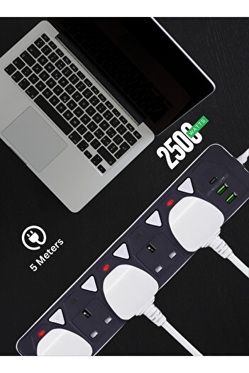 powermax 8-in-1 Power Strip Extension 2500W 5 AC Outlets, 2 USB & 1 Type-C 3.4A 3M Heavy-Duty Extension Cord