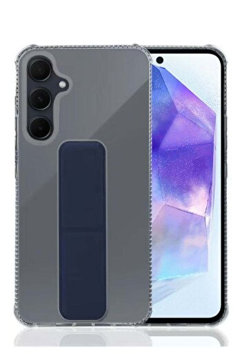 Generic Protective cover with finger grip stand for Samsung A34 transparent with stand dark blue (navy blue)