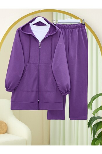 Modamorfo Zippered Hooded Combed Cotton Suit -Lilac