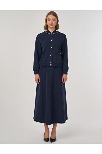 Kayra Embroidered Detailed Skirt Suit Dark Navy Blue