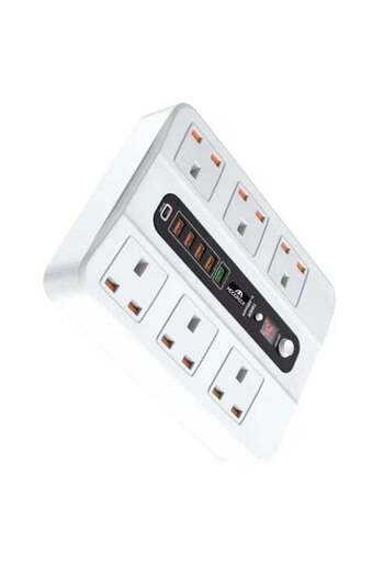 MOOGMAX 6 منافذ ثلاثية، 6 منافذ USB، توصيل كهربائي، أبيض