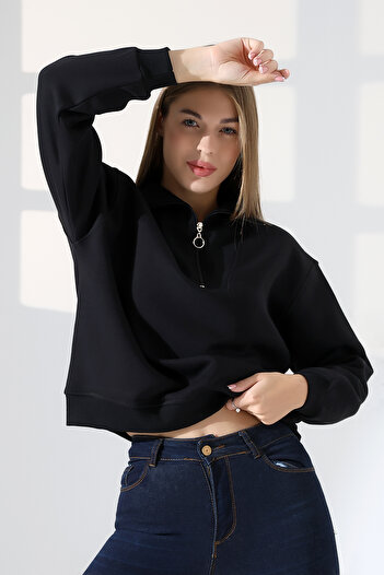 Endies Relax Comfortable Loose Wide Cut Half Zipper Stand Collar Cotton Women's Sweatshirt 21971 Black