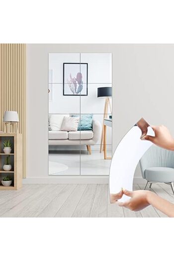 Slasa Full-Length Acrylic Wall Mirror Stickers, 12 × 12 Inch, Removable Square Flexible Design, 8 Pieces