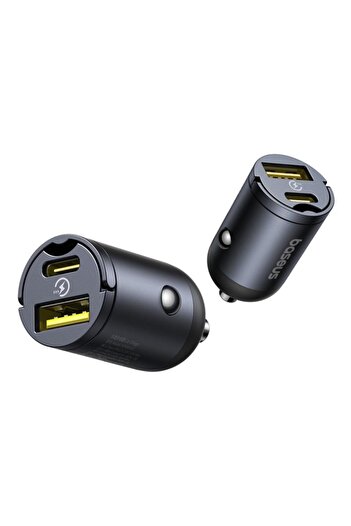 Baseus Car Charger 30W, 1X Type-C, 1x USB-A, mini design, clamping ring, 12V to 24V, Tiny Star Mini, Black