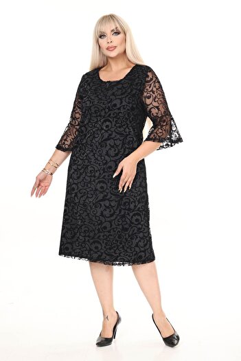 modayız Spanish Sleeve Plus Size Lining Glitter Detailed Dress 45A-2698