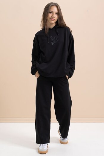Cansın Mini Black Text Printed Hooded Wide Leg Girls' Tracksuit Set 21429