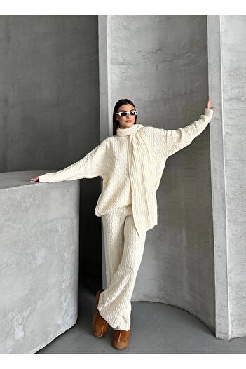 ZF BUTİK Scarf, Braided Hair, Knitwear, Pants, Bottom, Top Set