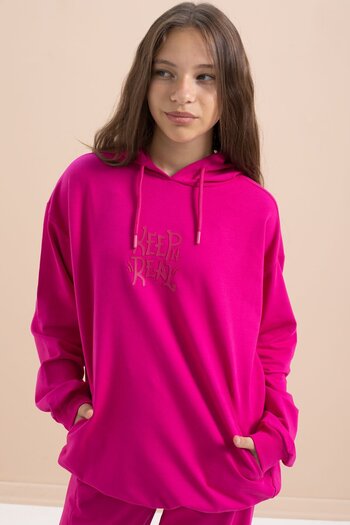 Cansın Mini Fuchsia Text Printed Hooded Wide Leg Girls' Tracksuit Set 21432