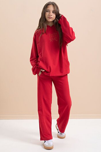 Cansın Mini Red Text Printed Hooded Wide Leg Girls' Tracksuit Set 21431