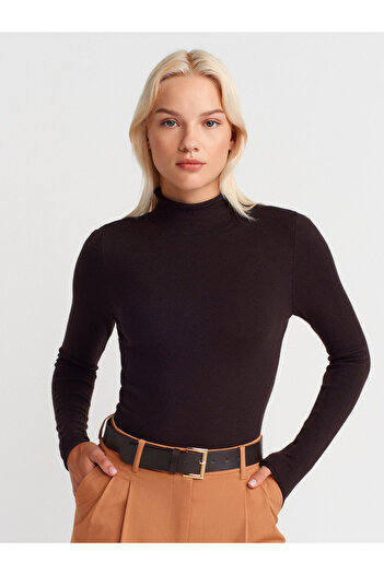 Dilvin 10714 Stand Collar Wool Soft Fine Textured Knitwear Sweater-Dark Brown