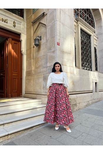 KÜÇÜĞÜM BUTİK Dark Cherry Patterned Flared Balloon Skirt