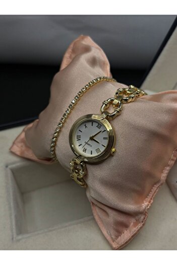 QUARTZ Retro Series / Gold Round Case Roman Numeral Vintage Women's Wristwatch / with Waterway Bracelet 0121