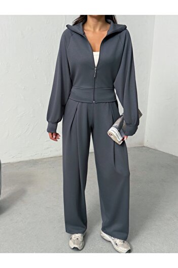 BEJNA Women's Gray Soft Modal Textured Stand Collar Jacket Pleated Wide Leg Pants Bottom Top Sports Set