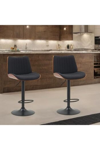 Generic Bar Chairs from Enzone made from adjustable height walnut wood fabric with black base for kitchen ta