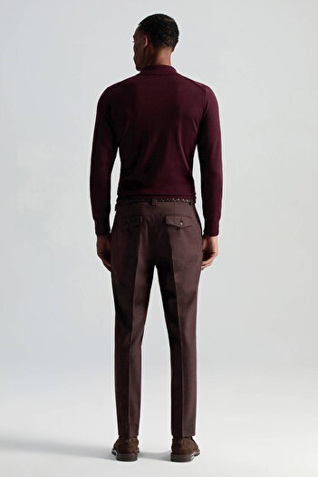 Hemington Merino Yün İpek Karışım Polo Yaka Yarım Fermuarlı Bordo Triko
