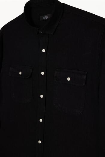 Tudors Men's Relax Fit Comfortable Cut Sports Collar Double Pocket Flap Denim Black Shirt