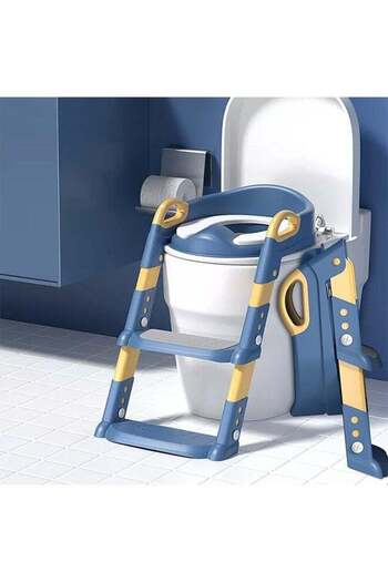 N2Y Toilet Training Seat with Ladder, Foldable 2-in-1 Potty Training Chair with Non-Slip Cushion (Blue)