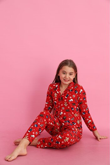 Minimoon Girl's Cotton Christmas Patterned Buttoned Suede Pajama Set