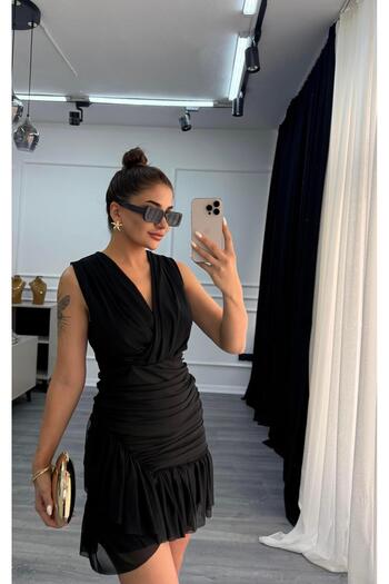 Daves Lined Tulle Fabric Double Breasted Neckline Design Sleeveless Black Mini Evening Dress