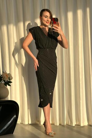 MaziButik Rochie cu sclipici dublu piept negru