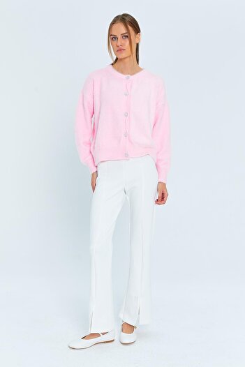 Mixray 6902 Women's Bearded Basic Soft Textured Knitwear Cardigan Pink
